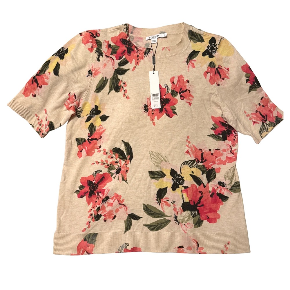 Chico's Ella Bloom Floral Short Sleeve Pullover Sweater Pink Beige Size 1 Medium